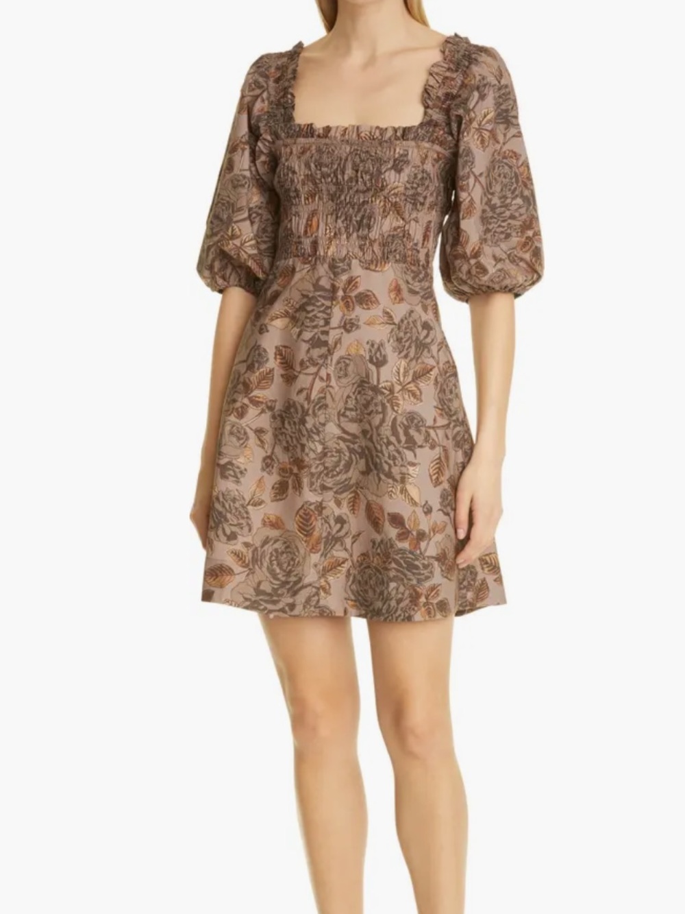 Ganni Floral Puff Sleeve Organic Cotton Poplin Smocked Dress US 8 Fossil Brown